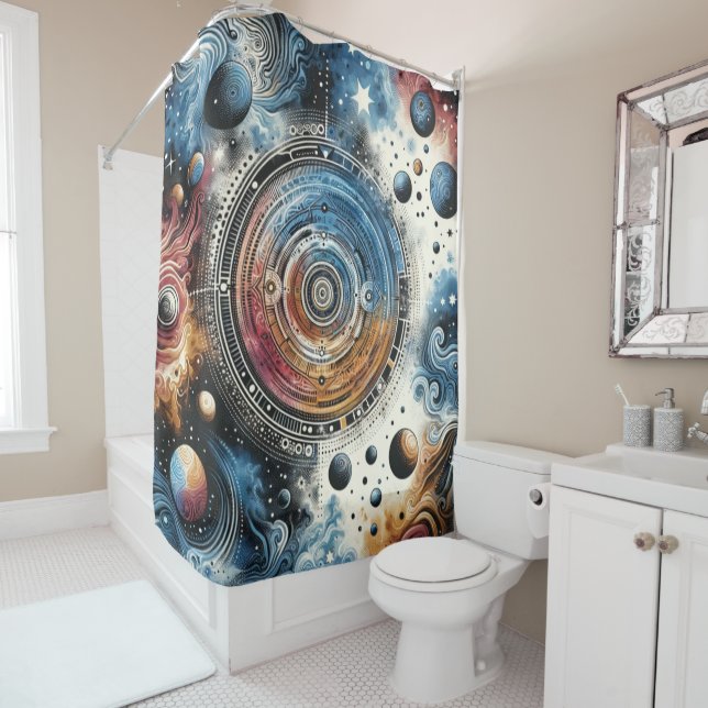 Futuristic Batik Cosmic Art – Space Design Shower Curtain (In Situ)