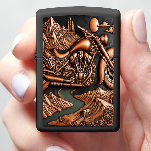 Futuristic Bike in Leather Design Zippo Lighter (In Hand)