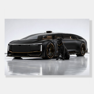 Futuristic Black Luxury EV With Guardian Dog Foam Board