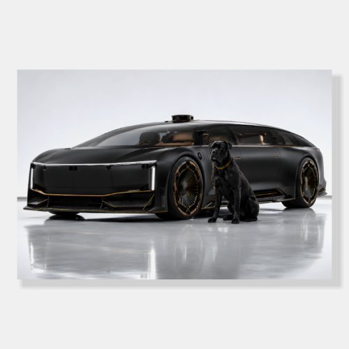 Futuristic Black Luxury EV With Guardian Dog Foam Board