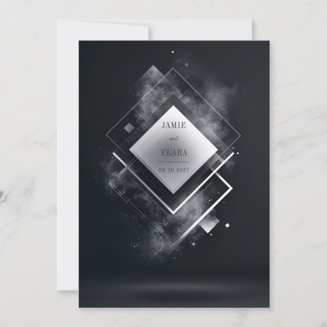 Futuristic Black White Geometric Diamond Smoky Invitation (Front)