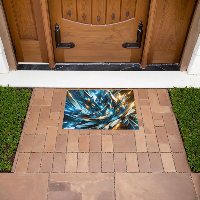 Futuristic Blue Gold Abstract Metallic Geometric Doormat (Outdoor)