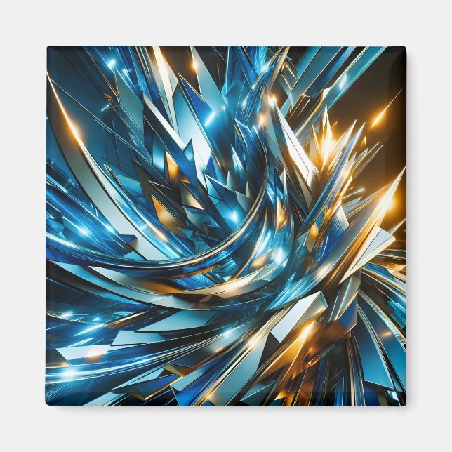Futuristic Blue Gold Abstract Metallic Geometric Magnet (Front)
