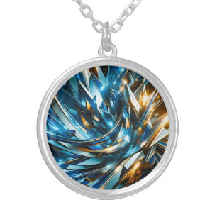 Futuristic Blue Gold Abstract Metallic Geometric Silver Plated Necklace