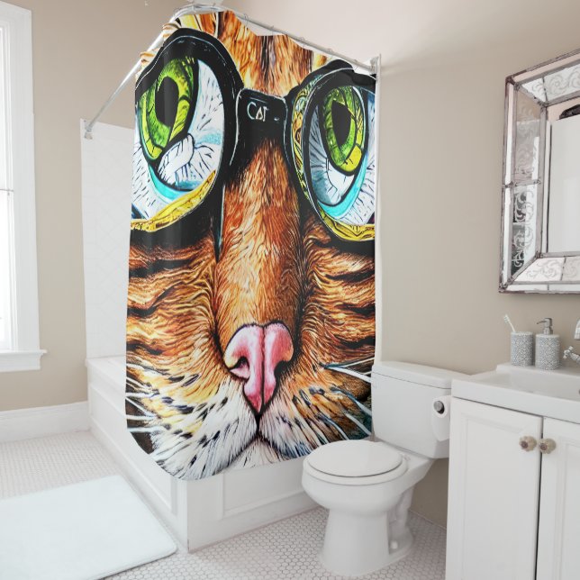 Futuristic Cat Wearing Glasses Shower Curtain (In Situ)
