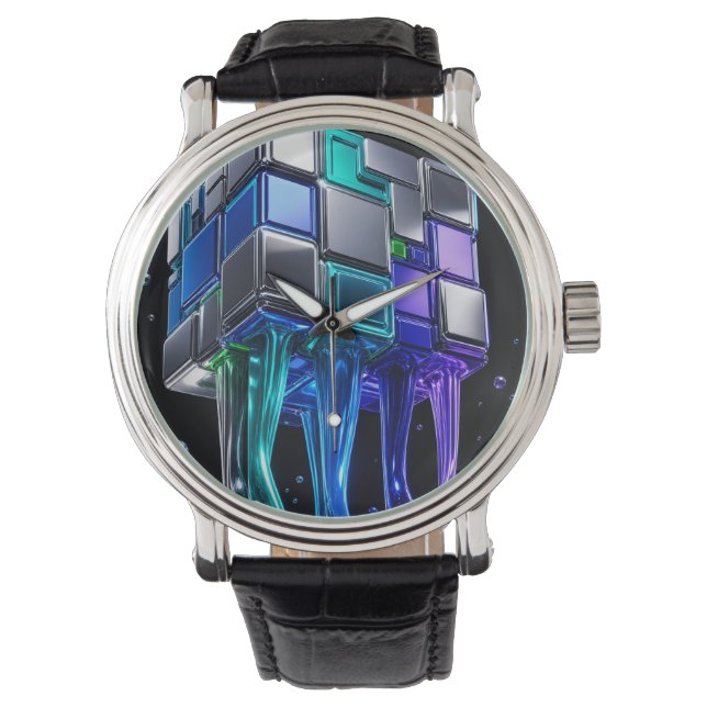 Futuristic Chrome Puzzle Cube  Watch (Front)