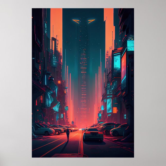 Futuristic City - Cyberpunk - Neon - Illustration Poster (Front)