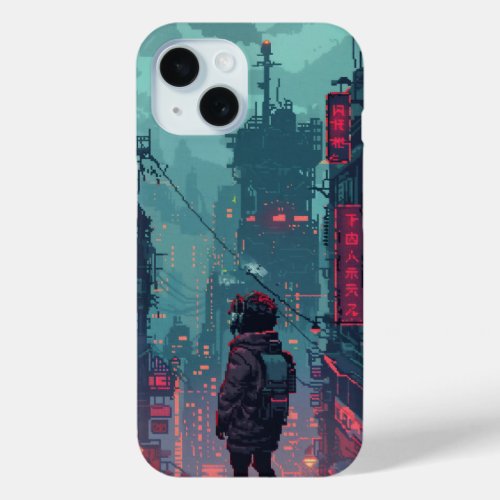 Futuristic City Pixel Art iPhone 15 Case