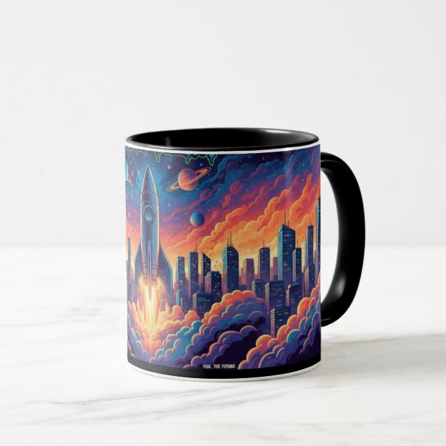 Futuristic City Rocket Launch Sci-Fi Colorful Comb Mug (Front Right)