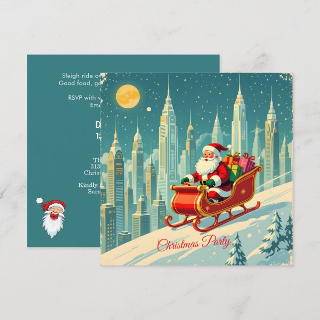 Futuristic City Santa Sleigh Christmas Party SQ Invitation (Front/Back)