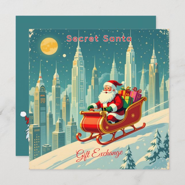 Futuristic City Santa Sleigh Gift Exchange Square Invitation (Front/Back)