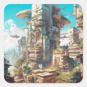 Futuristic City Science Fiction Art Square Sticker