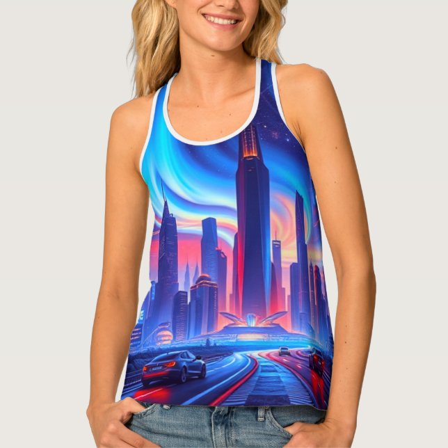 Futuristic City Tank Top | Neon Skyline Vibes (Front)
