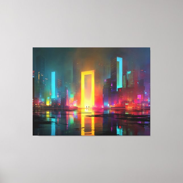 Futuristic City with Radiant Neon Portal Canvas Print (Front)