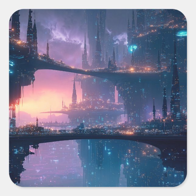 Futuristic Cityscape at Dusk Square Sticker (Front)