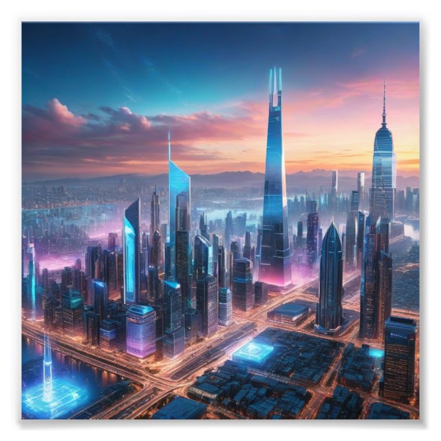 Futuristic Cityscape at Sunset Photo Print (Front)