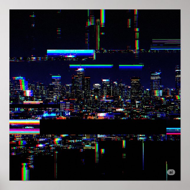 Futuristic Cityscape Digital Glitch Art Poster (Front)