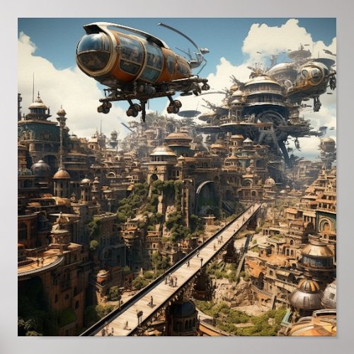 Futuristic Cityscape Spectacular Flying Cars and  Poster