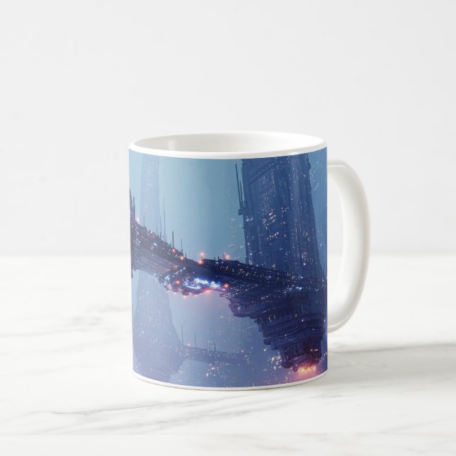 Futuristic Cityscape with Hovering Structures Coffee Mug (Front Right)