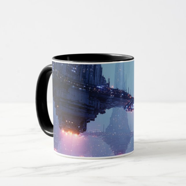 Futuristic Cityscape with Hovering Structures Mug (Front Left)