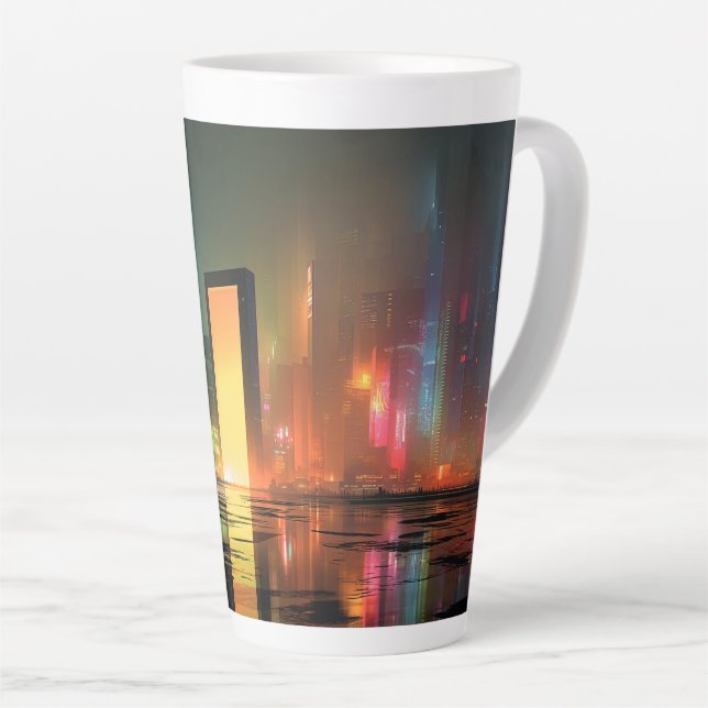 Futuristic Cityscape with Neon Reflections Latte Mug (Right Angle)