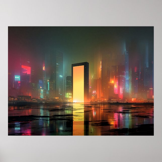 Futuristic Cityscape with Neon Reflections Poster (Front)