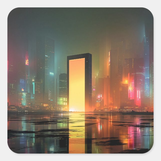 Futuristic Cityscape with Neon Reflections Square Sticker (Front)