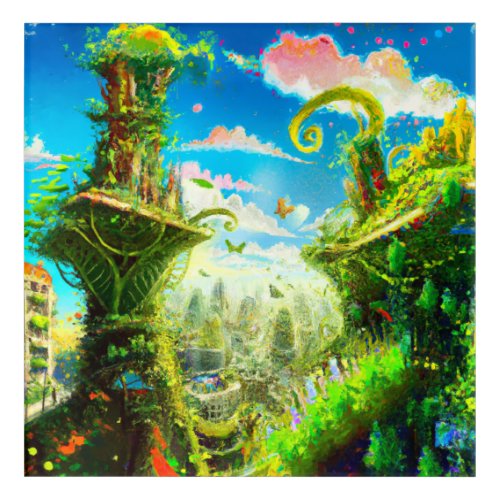 Futuristic Colorful Plant City AI Generated Acrylic Print