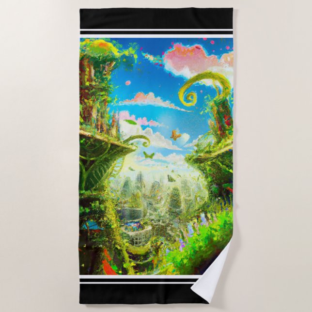 Futuristic Colorful Plant City, AI Generated Art Beach Towel (Front)