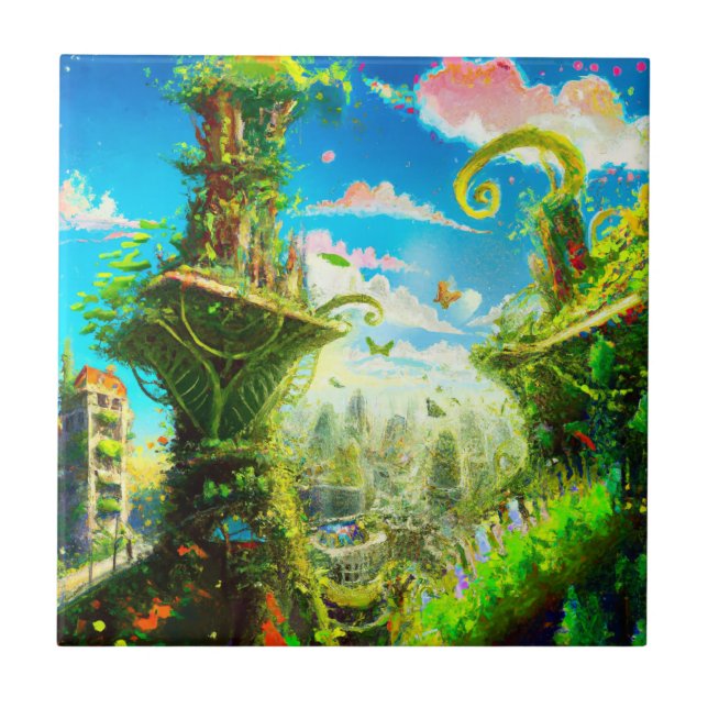 Futuristic Colorful Plant City, AI Generated Art Ceramic Tile (Front)