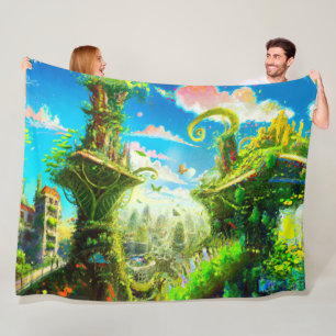 Futuristic Colorful Plant City, AI Generated Art Fleece Blanket