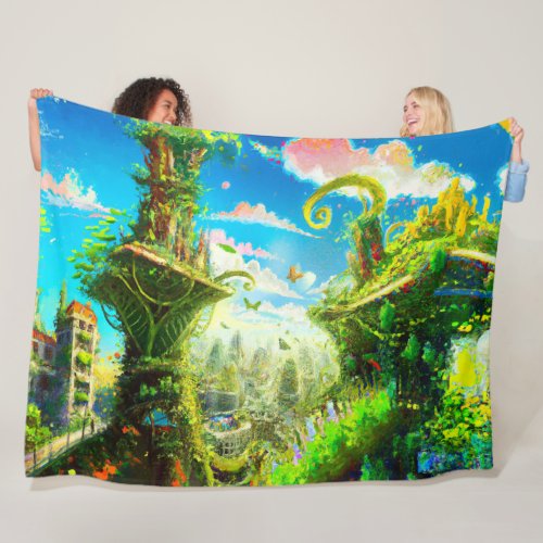 Futuristic Colorful Plant City AI Generated Art Fleece Blanket