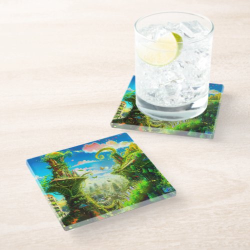 Futuristic Colorful Plant City AI Generated Art Glass Coaster