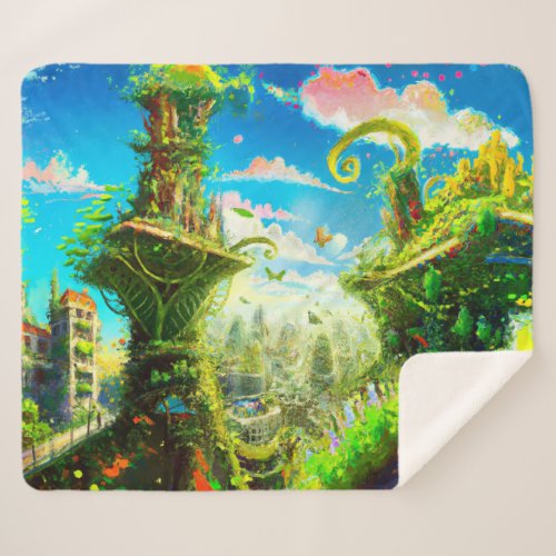 Futuristic Colorful Plant City AI Generated Art Sherpa Blanket