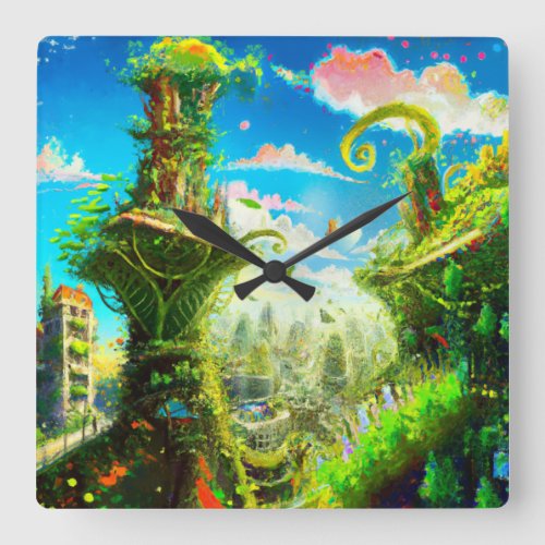 Futuristic Colorful Plant City AI Generated Art Square Wall Clock