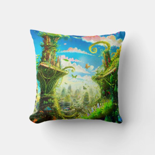 Futuristic Colorful Plant City AI Generated Art Throw Pillow