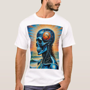 Futuristic Cosmic Skull Art T-Shirt Ocean Sunset