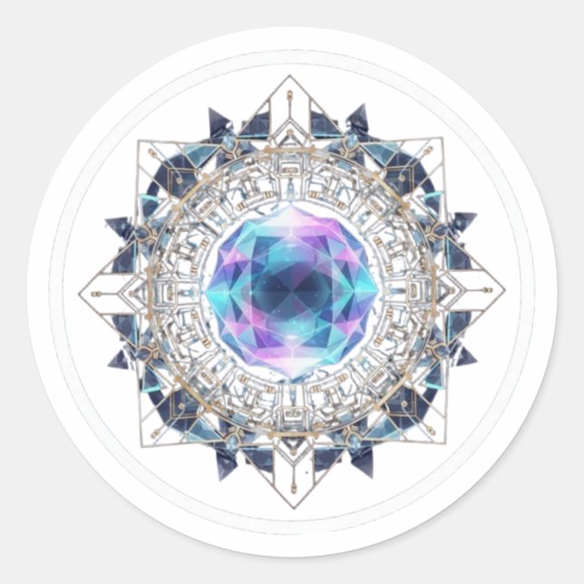 Futuristic Crystal Mandala – Geometric Tech Art Classic Round Sticker (Front)