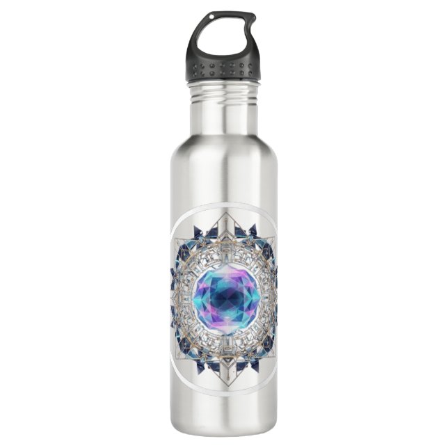 Futuristic Crystal Mandala – Geometric Tech Art Stainless Steel Water Bottle (Front)