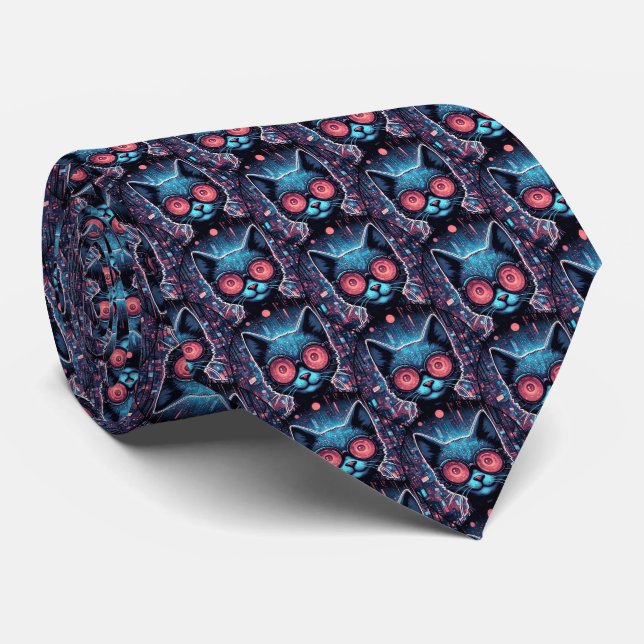 Futuristic Cyber Cat Neck Tie (Rolled)
