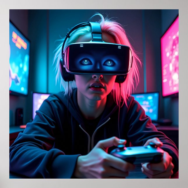Futuristic Cyber Gamer with AR Visor AI Poster (Front)