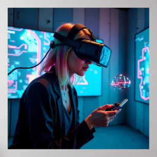 "Futuristic Cyber Gamer with AR Visor AI Poster
