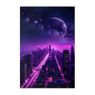 Futuristic Cyberpunk City at Night – Neon Purple Acrylic Print
