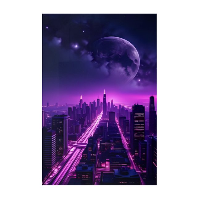 Futuristic Cyberpunk City at Night – Neon Purple Acrylic Print (Front)