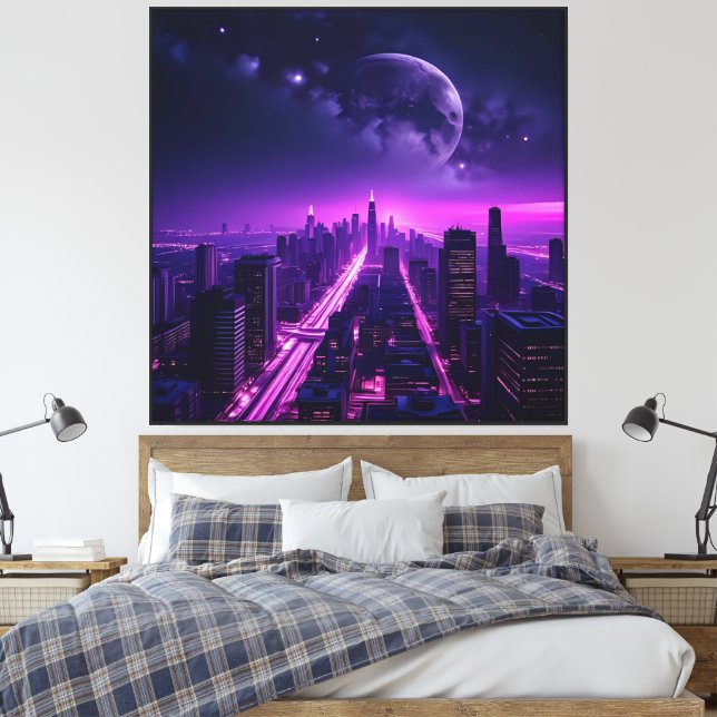 Futuristic Cyberpunk City at Night – Neon Purple Canvas Print (Insitu(Bedroom))
