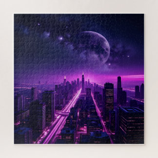 Futuristic Cyberpunk City at Night – Neon Purple Jigsaw Puzzle
