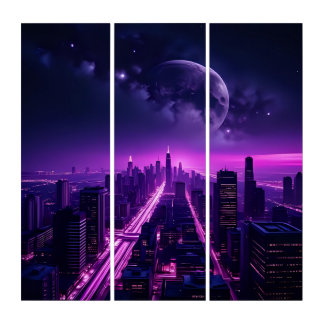 Futuristic Cyberpunk City at Night – Neon Purple Triptych
