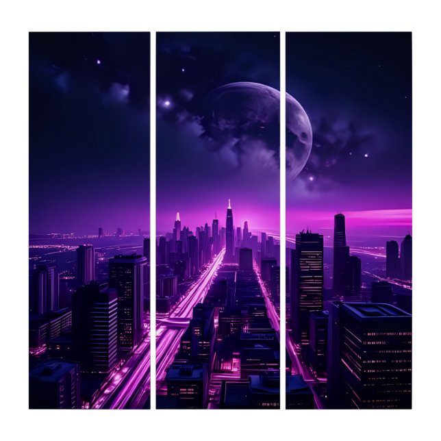 Futuristic Cyberpunk City at Night – Neon Purple Triptych (Front)