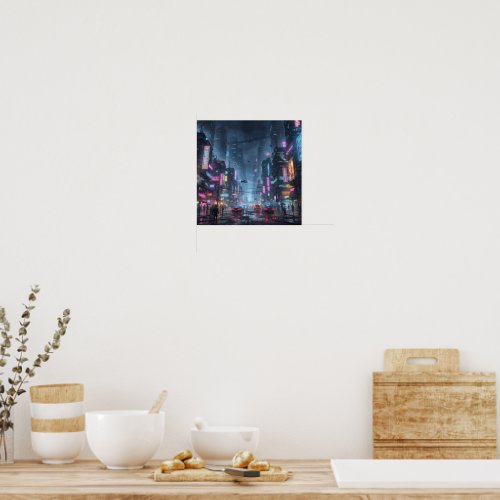 Futuristic Cyberpunk City Neon Night Poster