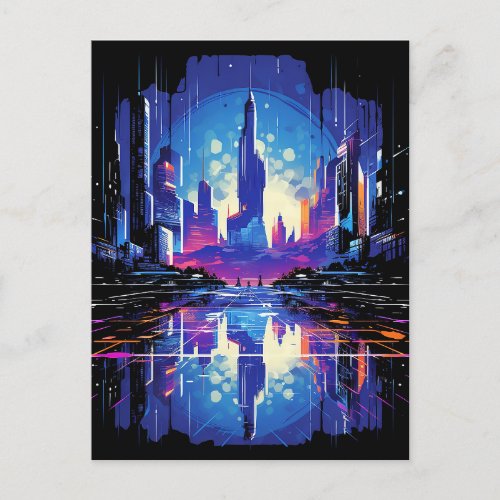 Futuristic Cyberpunk City Skyline Announcement Postcard
